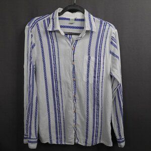 Womens Top Small Blue White Sheer Woven Coastal Cool Artsy Boho Oversized